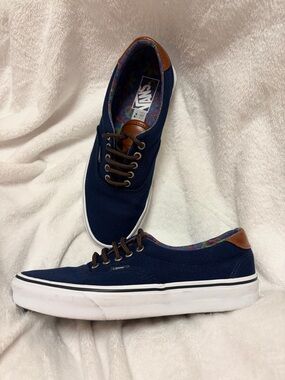 VANS Off the Wall Blue Canvas And Brown Leather Sneaker, M-8.5/W-10